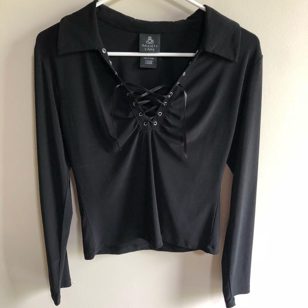 Vintage Anxiety Cafe Black Lace Up Top